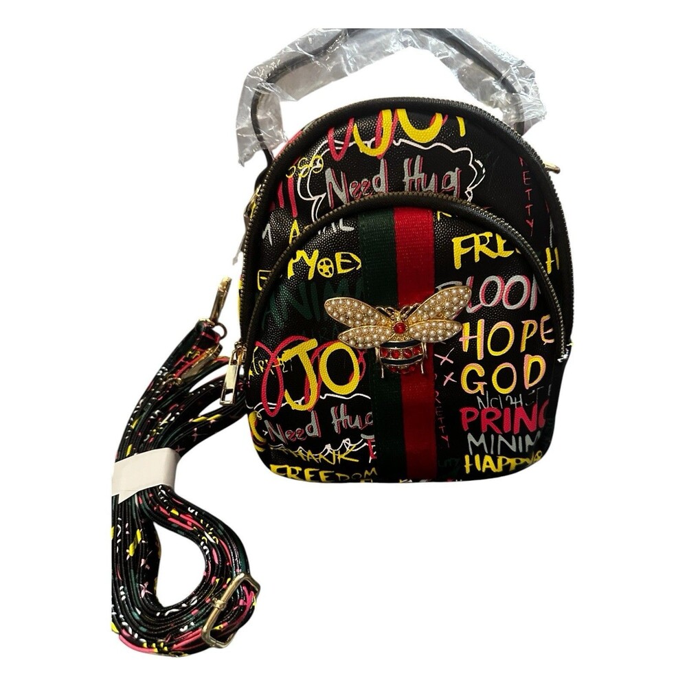 Alba Queen Bee Graffiti Backpack Purse Bag Black NWT